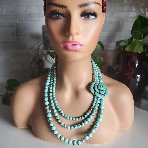 Handpicked/Imported Jewelry - Chunky Vintage Turquoise Rose Beaded Necklace